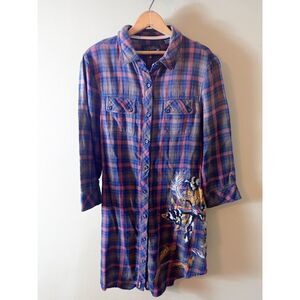 Miss Me Plaid Long Tail Button Down Shirt Corset Cinched Waist Floral Graphics S